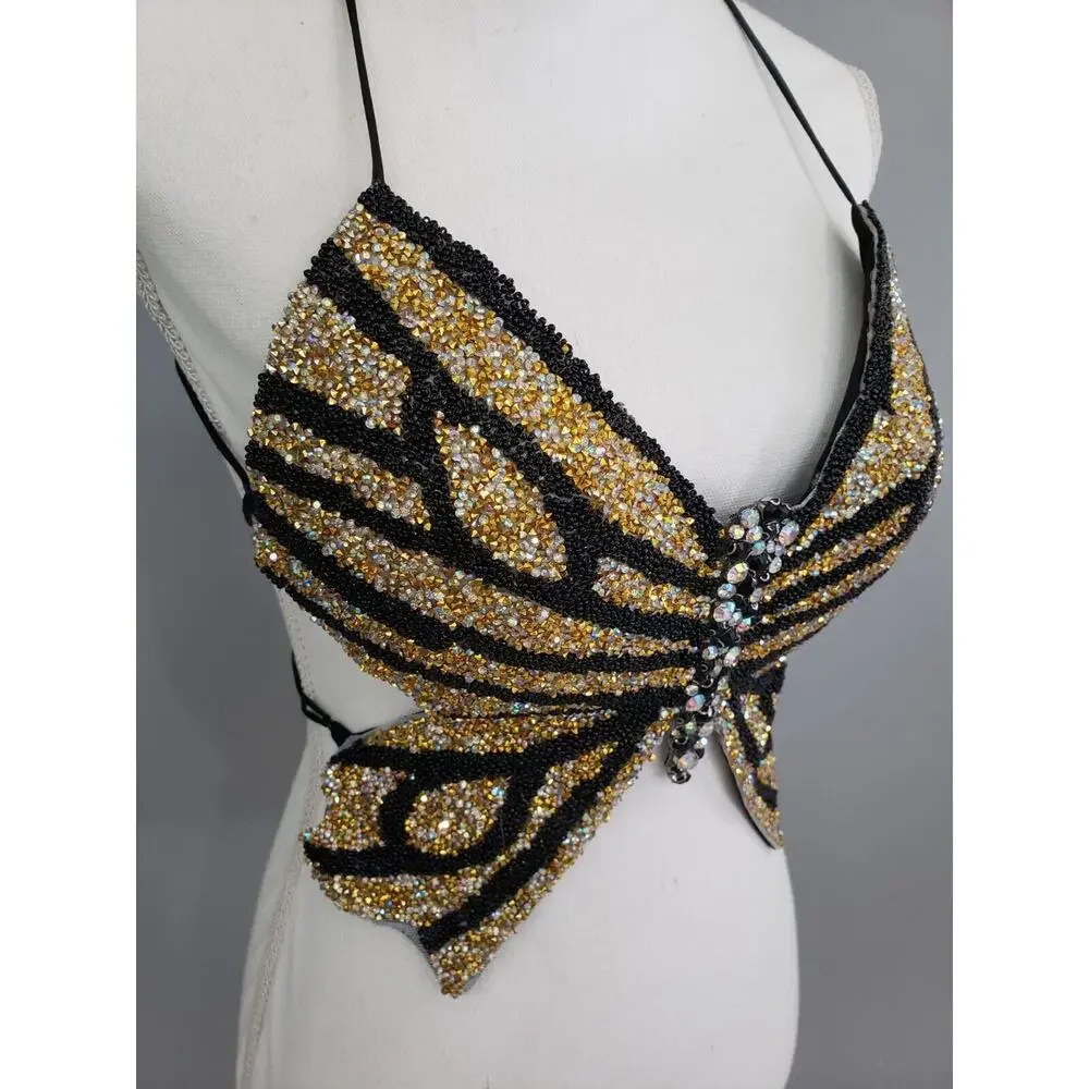 Vintage 00s Butterfly Crop Top Gold Black Rhinestones Strappy Open Back y2k 2000 - Picture 3 of 12
